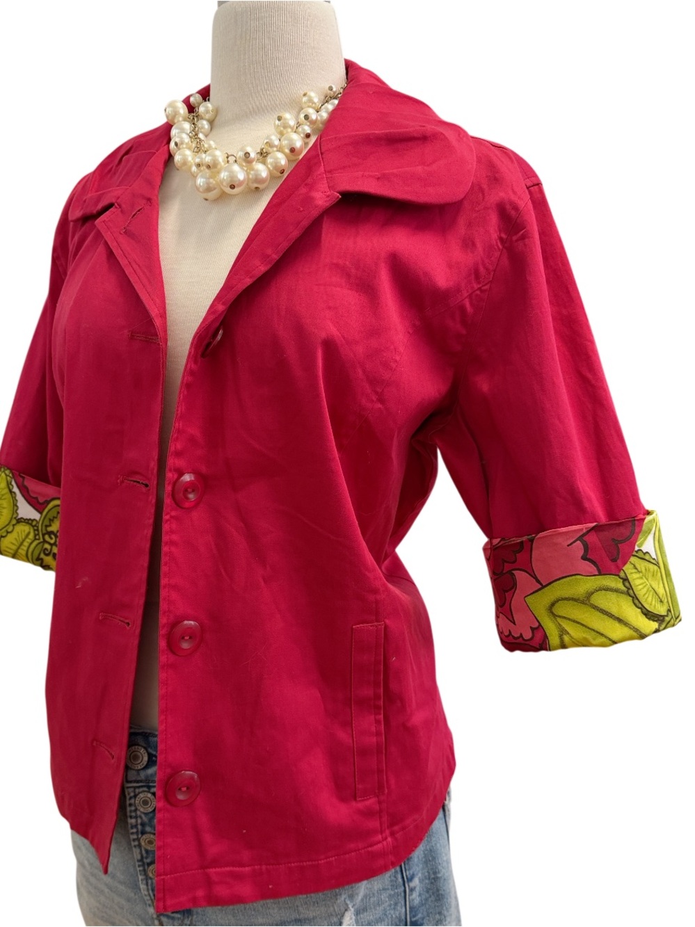 NWT- CHICO’S Bright Raspberry Short-Sleeve Button Jacket